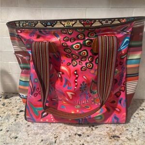 Consuela Colorful Pink Floral Patterned Tote Bag with Striped Handles